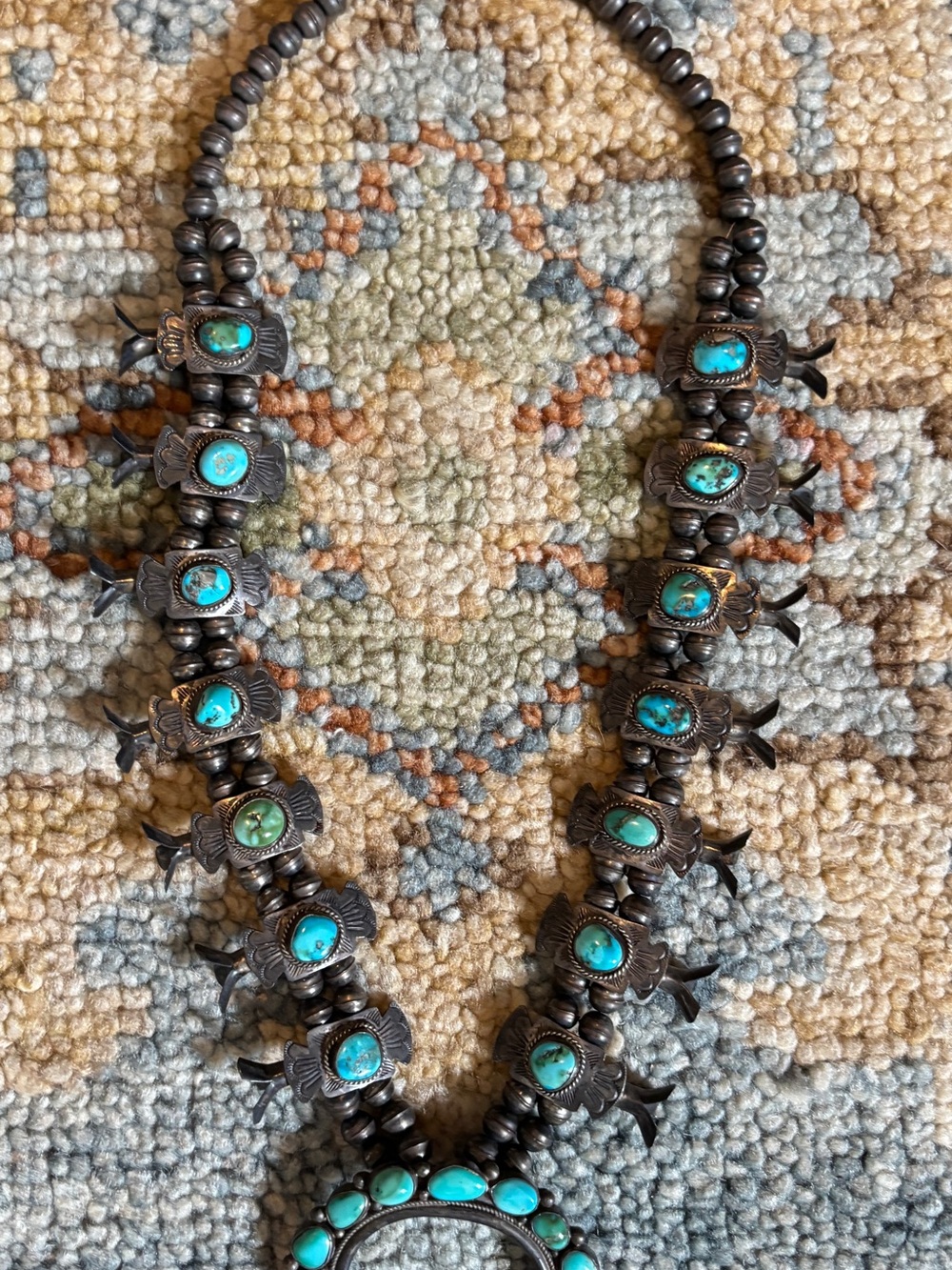 Estate/Vintage exquisite Turquoise and Sterling silver squash Blossom Necklace - Picture 3 of 14